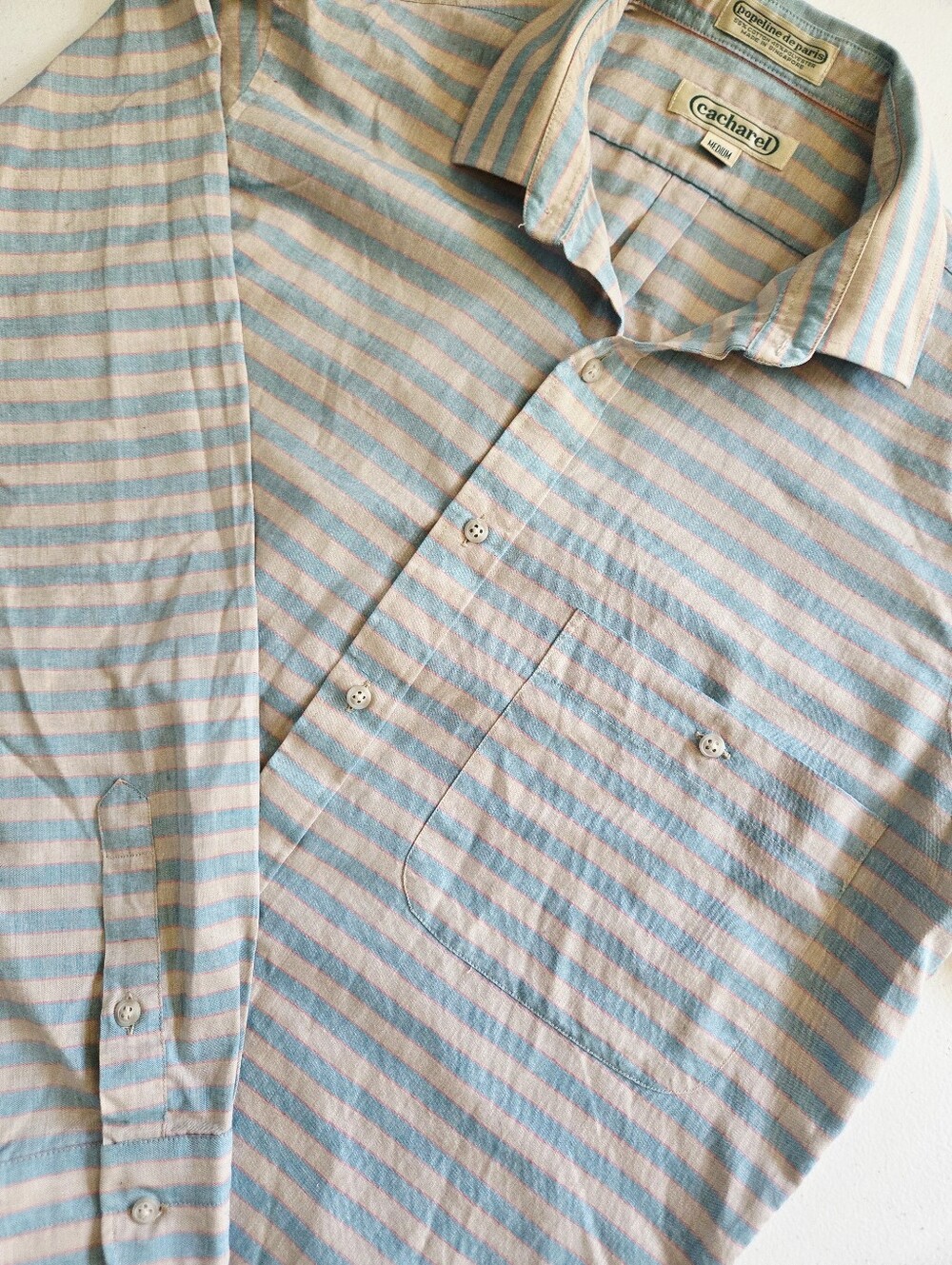 Vintage Cacharel "Popeline de Paris" Striped Shirt Med 55 cotton 45 poly poplin